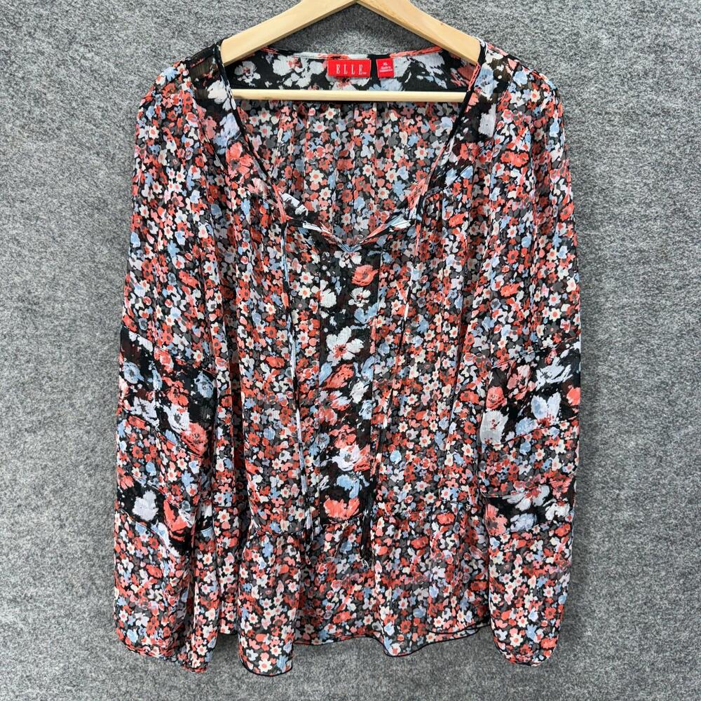 Elle Blouse Women XL Pink Floral V-Neck Tasseled Long Sleeve Pullover Casual